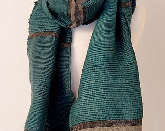 Teal Organic Scarf - Green Teal Wool Unisex Handwoven Organic Cotton Blanket Scarves Wraps - Mens scarf - Gift for Him- Handmade Sustainable