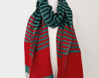 Teal Green Red Stripe Oversized Scarf Beautiful Soft Wool - Unisex Handwoven Organic Cotton Wool Blanket Scarves Wraps Mens - Gift for Him