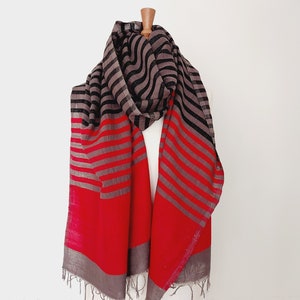 Blanket Scarf - Red Brown Stripe Oversized Scarf - Unisex Handwoven Organic Cotton Wool Blanket Scarves Shawls Wraps Mens - Gift Mens
