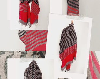 Mens Blanket Scarf - Red Brown Stripe Oversized Scarf - Unisex Handwoven Organic Cotton Wool Blanket Scarves Shawls Wraps Mens - Gift Mens