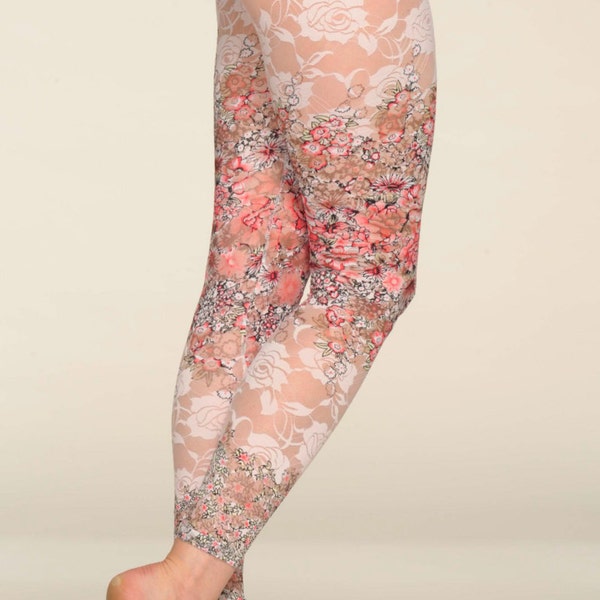 Leggings Spring Pink Pastel Stretch Lace Leggings - Cherry Blossom Japanese Print Legging - Rose Floral Print - Gift for Her - Handmade UK