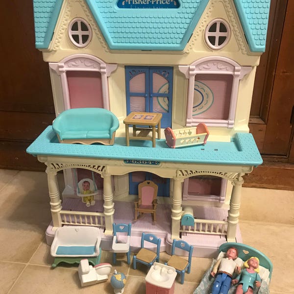 Vintage Fisher Price Loving Family Dollhouse and Accessories Lot 1993