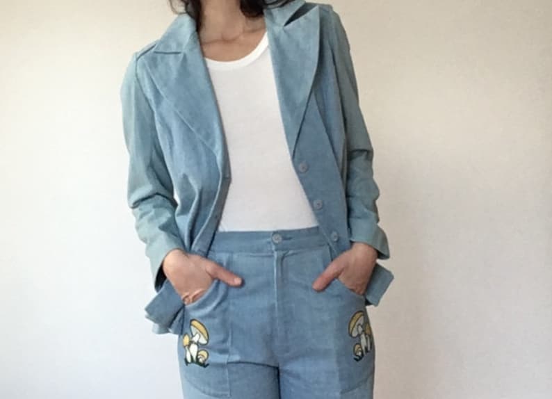 Vintage 1970s Magic Mushroom Suit Soft Cotton ChambrayHigh Waisted PantsDouble breasted jacket