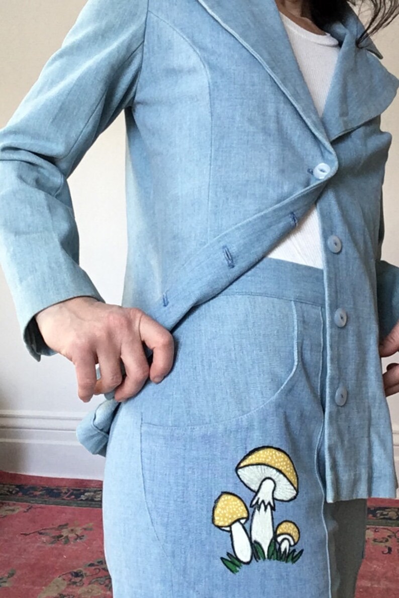 Vintage 1970s Magic Mushroom Suit Soft Cotton ChambrayHigh Waisted PantsDouble breasted jacket
