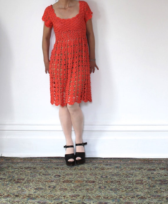 Vintage Crochet Dress/Coral/Midi Dress/60s Crochet