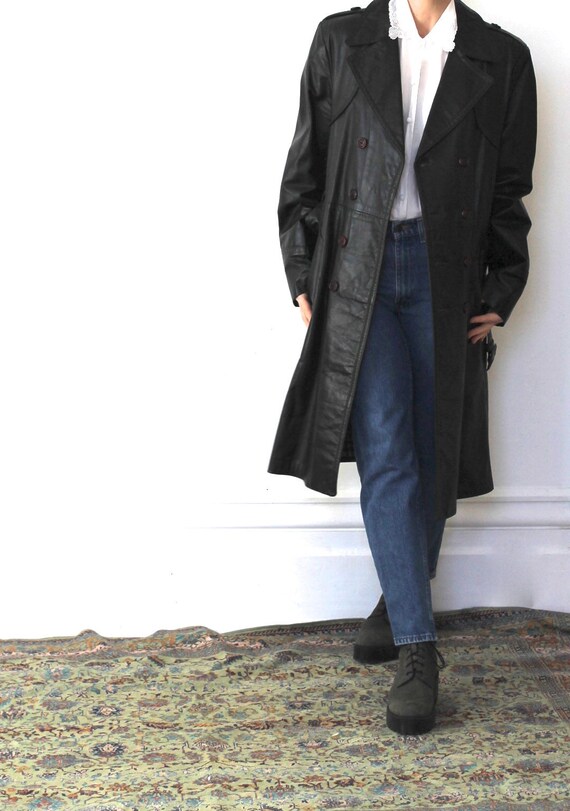 Vintage 70s Black Leather Trench Coat