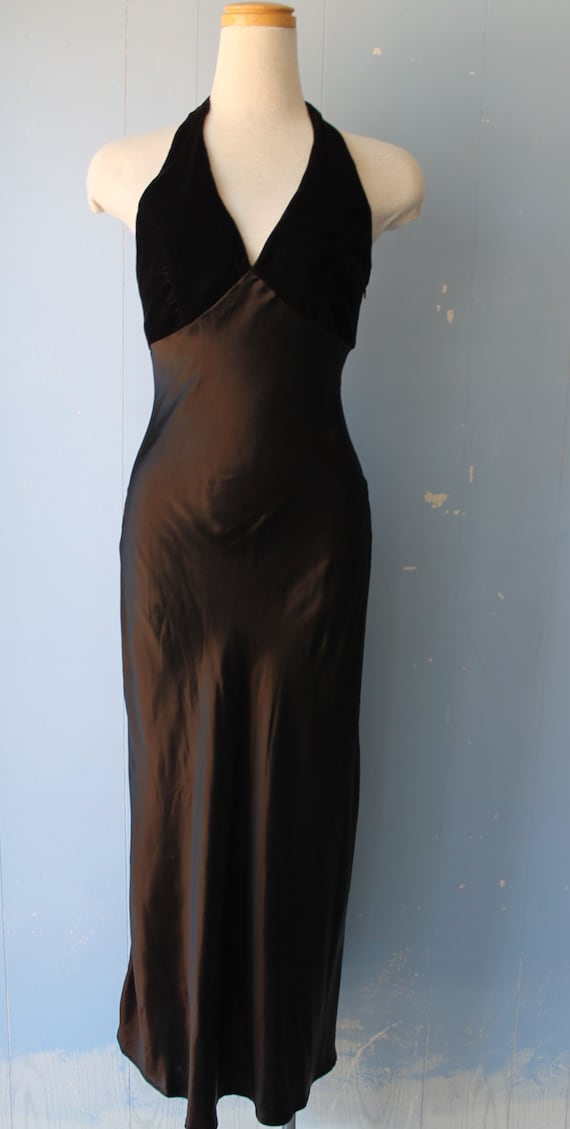Vintage Black Slip Dress/Black Velvet and Satin/Ha