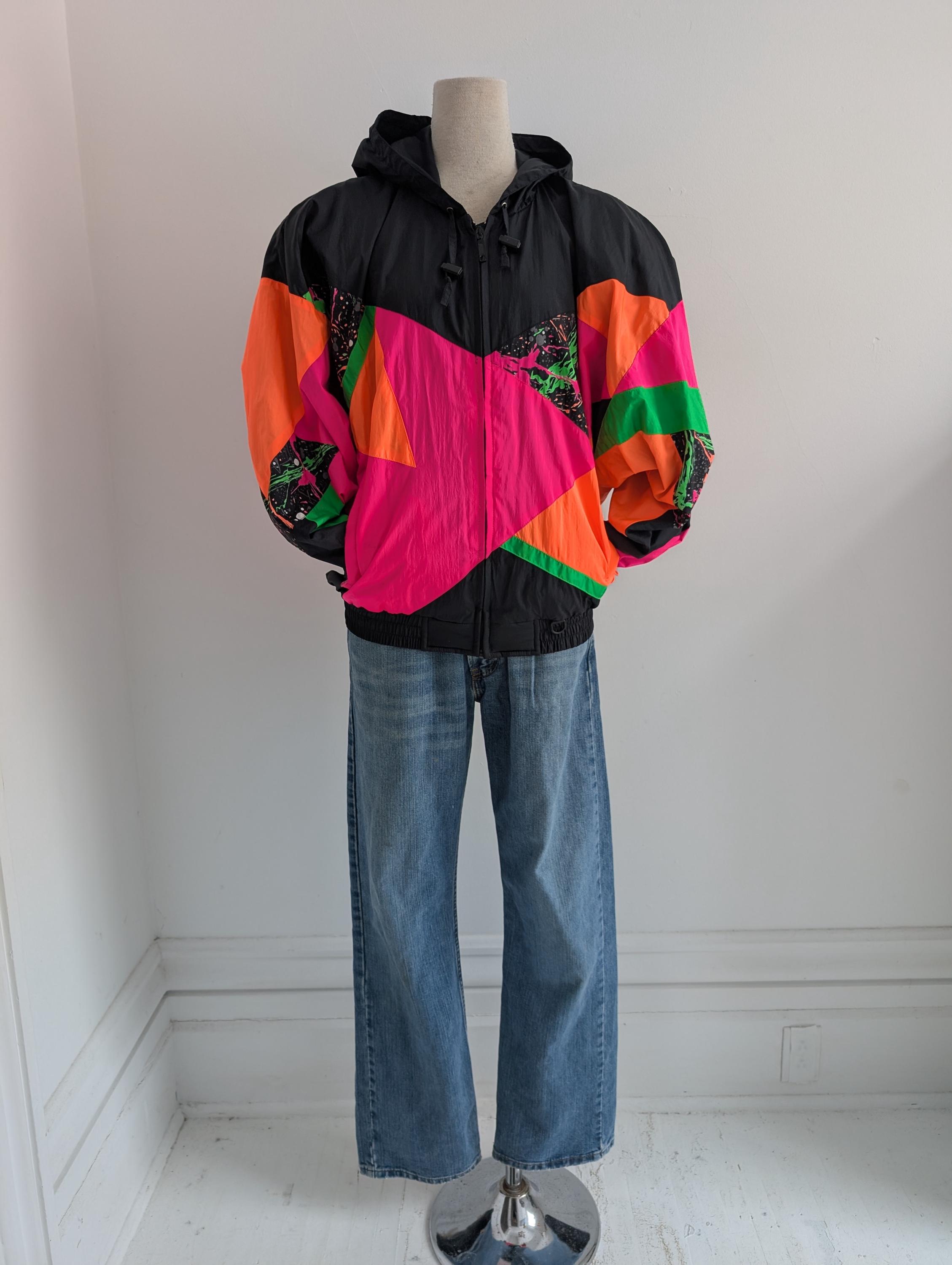 Vintage 80s Bomber Jacket/ Neon/graphic/novelty Print/nylon Spring 