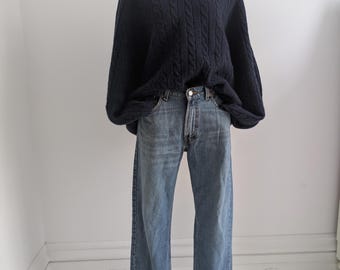 Vintage Wool Cable Knit V Neck Sweater/Navy/Slouchy Sweater/Cozy/Comfy/Classic/