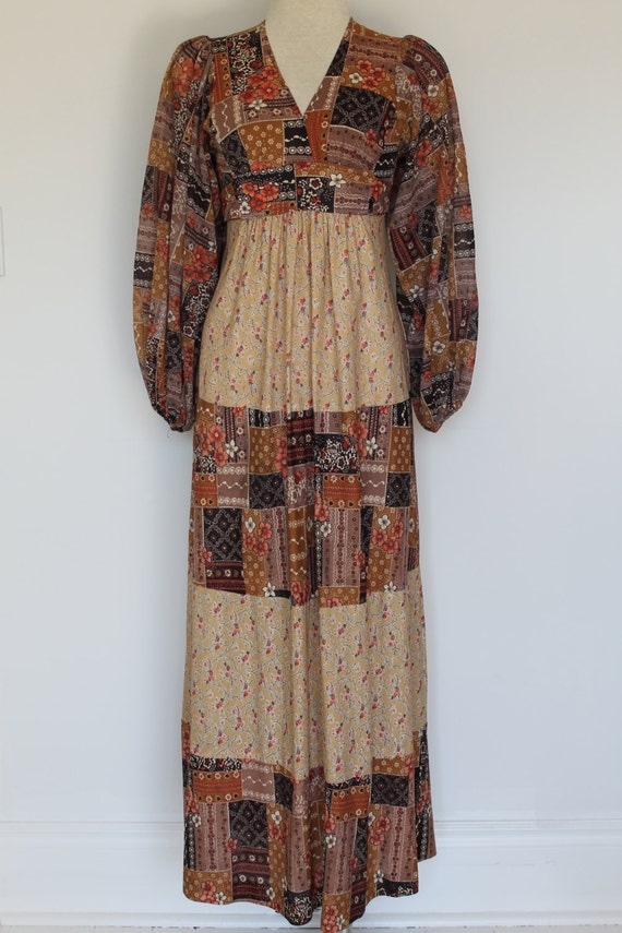 Vintage 1970s Boho Maxi Dress/Patchwork Print/Fest