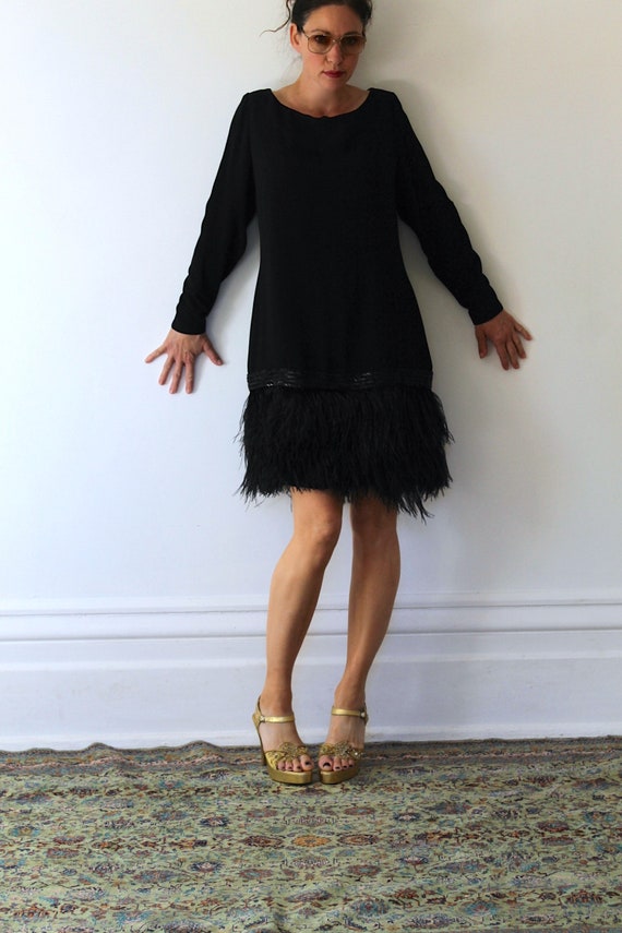 Vintage 80s Nipon Night Black Flapper Dress with B