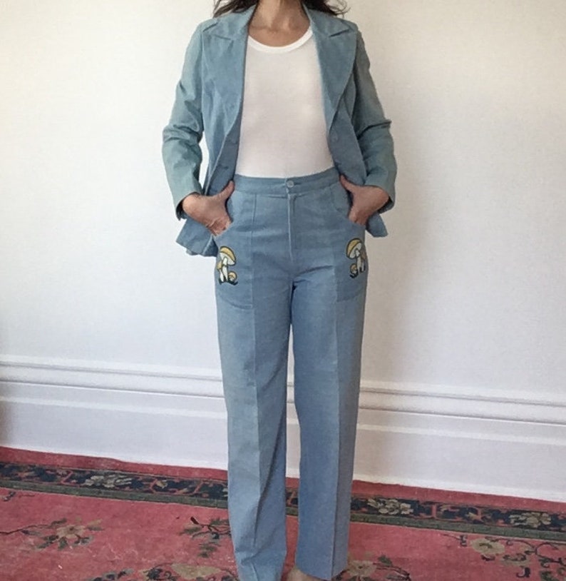 Vintage 1970s Magic Mushroom Suit Soft Cotton ChambrayHigh Waisted PantsDouble breasted jacket