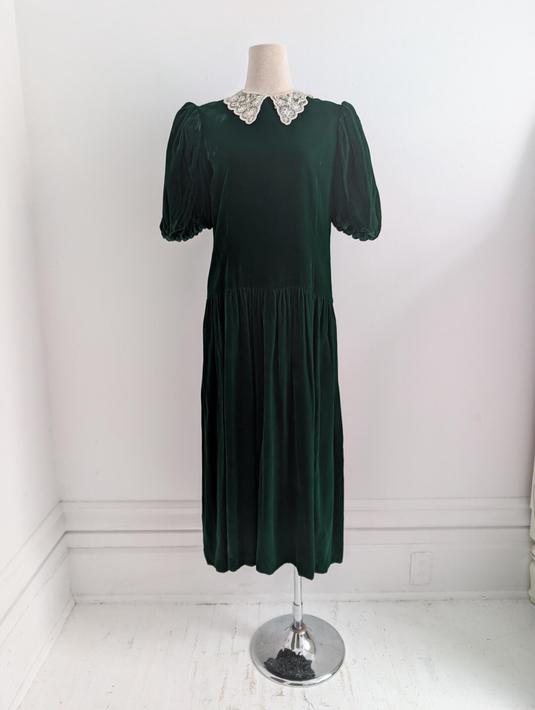 Vintage Lace Neck Velvet Dress
