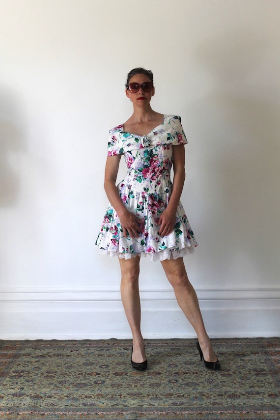 Vintage 80s Floral Print Party Dress/Cotton/Crinol