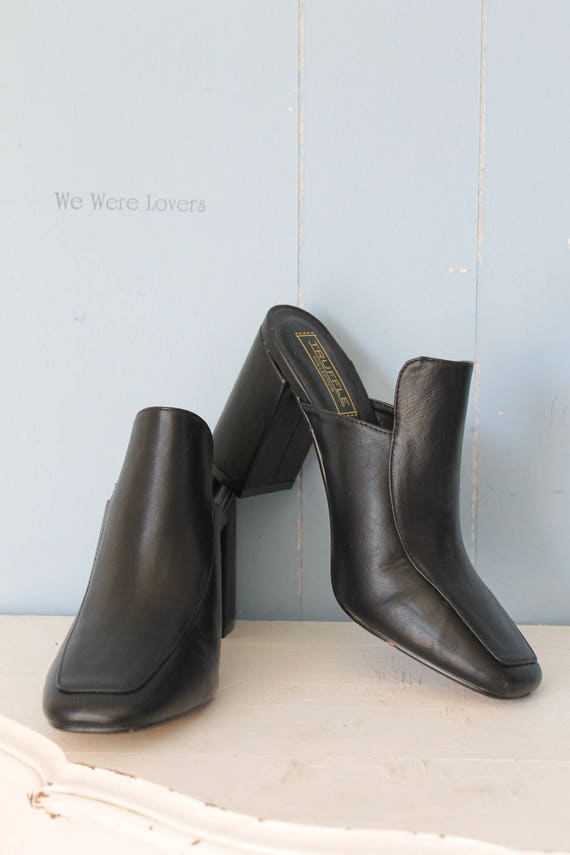 black leather block heel mules