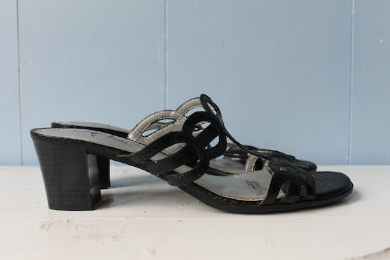 Vintage 90s Black Strappy Block Heel Mules/Women's