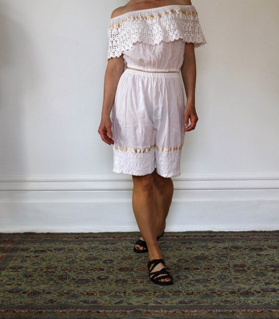 Vintage 70s Gauzy Cotton Top and Shorts Set/White/