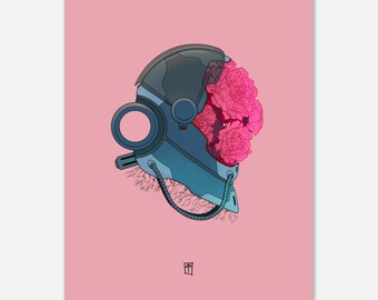 Astronaut Helmet & Flowers Art Print – Matte Paper