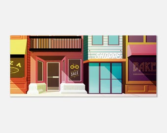 Downtown Shops Art Print – Retro Cityscape Poster