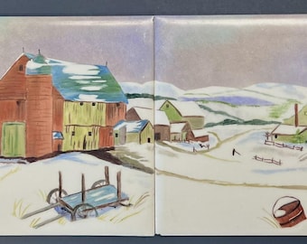 2 1960 Painted Art Tiles Signed Pederzini Farm Medfield MA New England Landscape