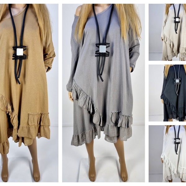 Italian Boutique Cotton Quirky Ruffles Long Tunic Dress Oversize Lagenlook Asymmetric Boho Modern