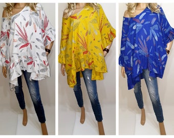 Italy Boutique 100/%Baumwolle Lagenlook Lange Tunika Poncho Übergrösse Pailletten