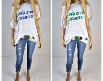 Italie Boutique T-Shirt Occasionnel Lagenlook Superbe Ample Impression Moderne ''Never Stop Dreaming''