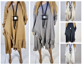 Italian Boutique Cotton Quirky Ruffles Long Tunic Dress Oversize Lagenlook Asymmetric Boho Modern