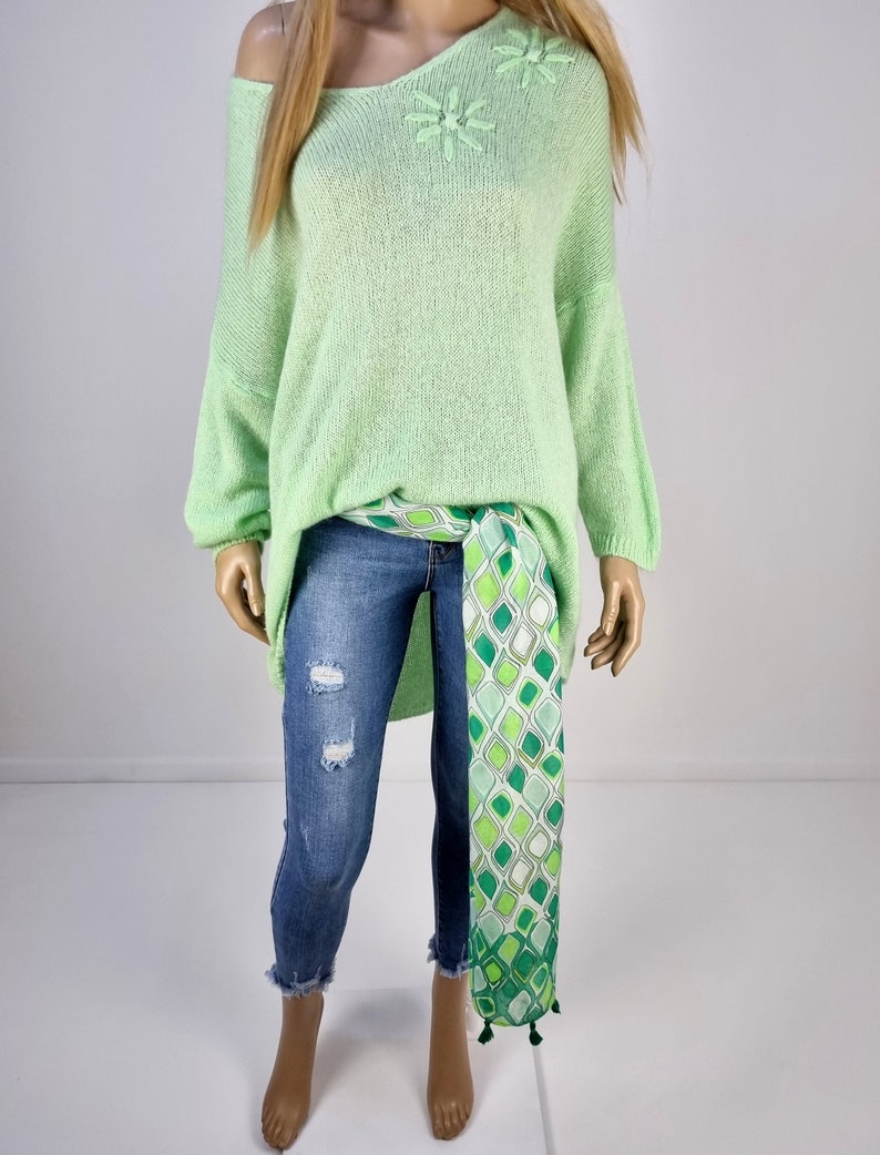 Italie Boutique Pull Tricot Laine Mohair Grande Taille Confortable Lagenlook Fleurs Brodées Green