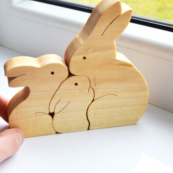 Happy Easter bunny kids gift Personalized rabbit family figurines, Fathers day gift Wooden cuddling animal family puzzle, Rabbit toy