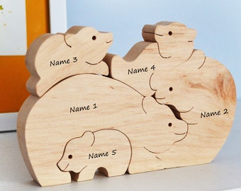 Wooden bear 3D puzzle toy for toddler, Keepsake wood animal family of 5 statue, Personalized gift for parents, Educational Montessori toy