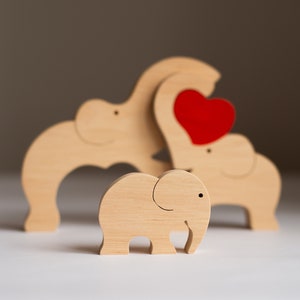 First mother's day gift for family of 3 Personalized baby keepsake Wooden elephant puzzle with heart from friends to new mom dad kids toy Without text