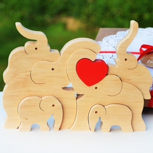 Wooden elephant family of 6 statue, Mothers Fathers day gift from children, Wooden animal interlocking statuette gift from daughter son
