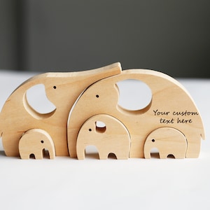 Gift for mom dad, Wooden elephants family of 5 puzzle, Waldorf Montessori nesting animal figurines image 1