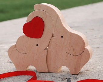 Wooden valentine's day gift. Cuddling elephants with heart. Animal wood puzzle sculpture. Couple family gift for girlfriend or boyfriend