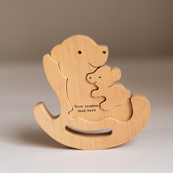 Bear mum with baby family gift. New grandmother on a rocking chair figurine. Wooden animal puzzle baby to be Personalized Nursery home decor