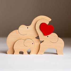 First mother's day gift for family of 3 Personalized baby keepsake Wooden elephant puzzle with heart from friends to new mom dad kids toy image 2