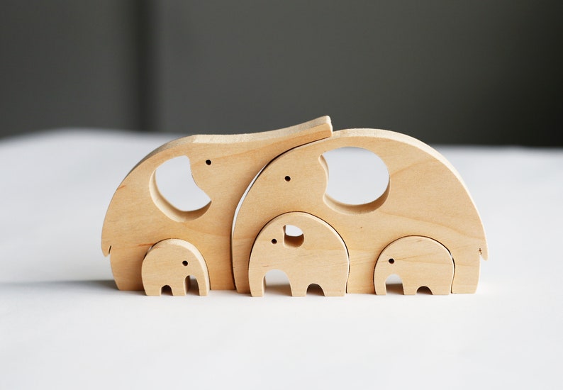 Gift for mom dad, Wooden elephants family of 5 puzzle, Waldorf Montessori nesting animal figurines image 6