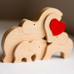 First mother's day gift for family of 3 Personalized baby keepsake Wooden elephant puzzle with heart from friends to new mom dad kids toy image 5