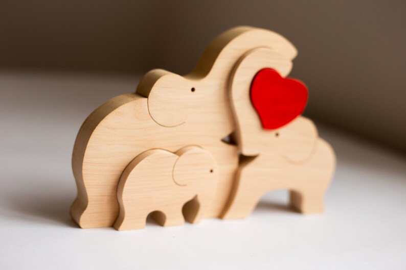 First mother's day gift for family of 3 Personalized baby keepsake Wooden elephant puzzle with heart from friends to new mom dad kids toy image 5