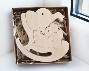 Christmas gift Wooden elephant in rocking chain with baby puzzle toy, Animal family wooden balance toys, Personalized expecting Mom Dad gift