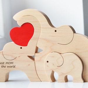 First mother's day gift for family of 3 Personalized baby keepsake Wooden elephant puzzle with heart from friends to new mom dad kids toy image 7