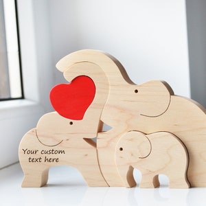 First mother's day gift for family of 3 Personalized baby keepsake Wooden elephant puzzle with heart from friends to new mom dad kids toy Your custom text