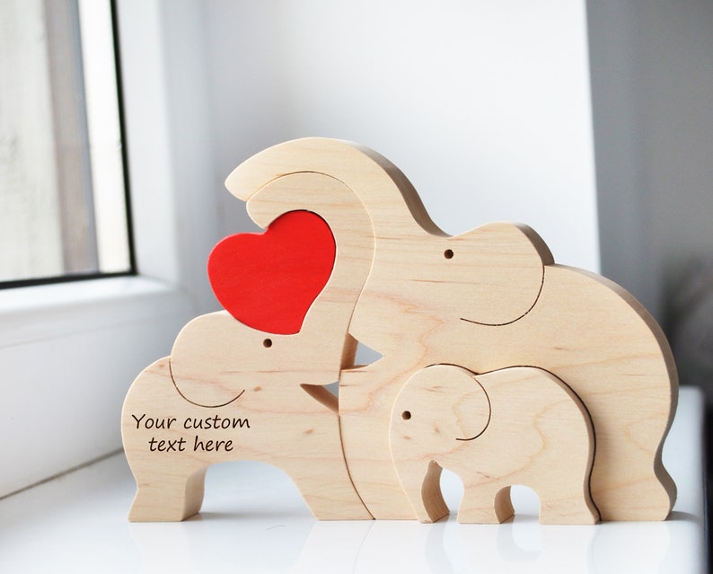 First mother's day gift for family of 3 Personalized baby keepsake Wooden elephant puzzle with heart from friends to new mom dad kids toy Your custom text