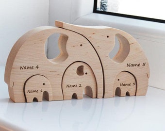 Mother's day gift from son daughter Personalized wooden elephant family of 5 toy Nursery baby decor Animals puzzle parents Fathers day
