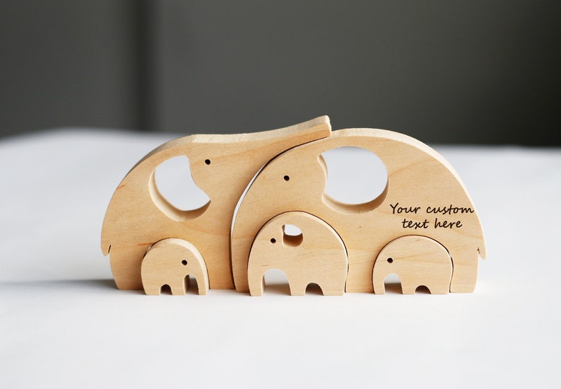 Gift for mom dad, Wooden elephants family of 5 puzzle, Waldorf Montessori nesting animal figurines image 1