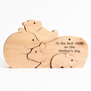Presente de lembrança para o dia das mães - Quebra-cabeça de família de urso de madeira personalizado com 4 figuras, Brinquedo rústico para família de animais - Presente para novos pais com nome personalizado