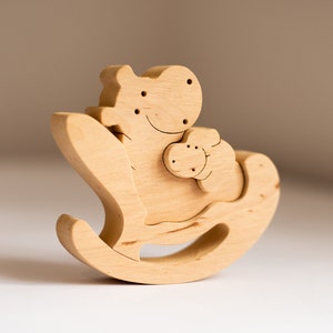 Hippo with baby family gift Wooden animal puzzle sculpture for new granny mum dad from grandchildren Expecting mom gift toy for nursery