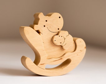 Hippo with baby family gift Wooden animal puzzle sculpture for new granny mum dad from grandchildren Expecting mom gift toy for nursery