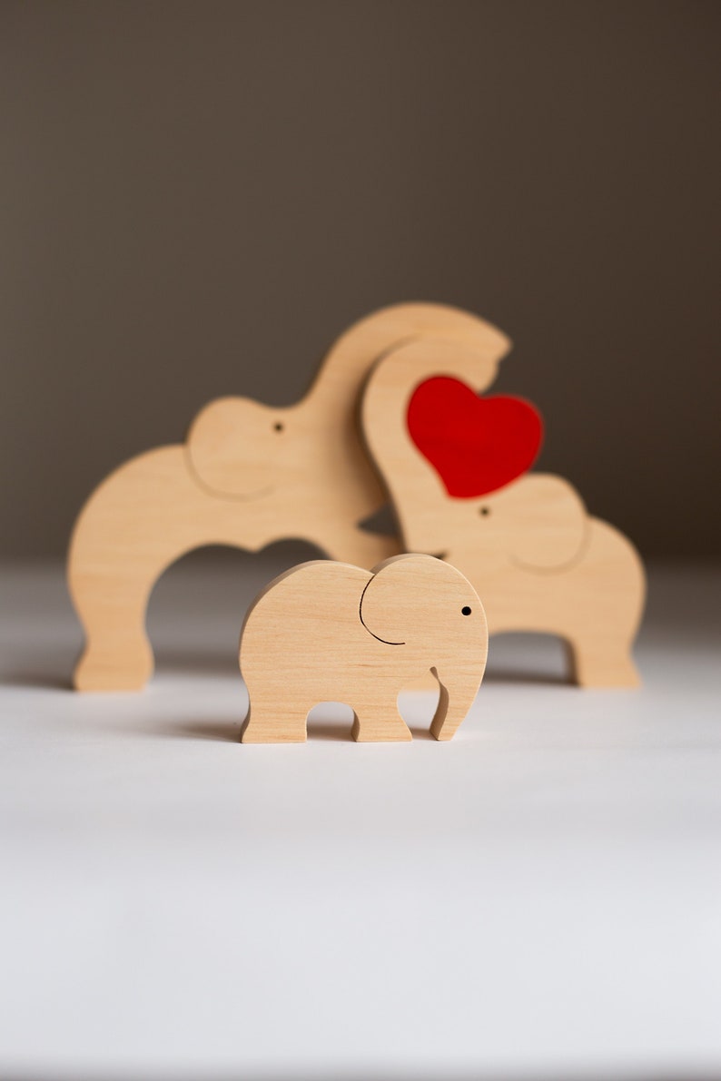 First mother's day gift for family of 3 Personalized baby keepsake Wooden elephant puzzle with heart from friends to new mom dad kids toy Without text